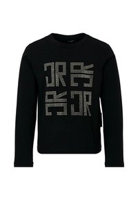 Czarna koszulka z długim rękawem wykonana z bawełny, z nakładaną grafiką z tekstem "JR" w różnych czcionkach i rozmiarach na przodzie.