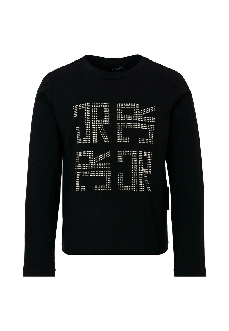 Czarna koszulka z długim rękawem wykonana z bawełny, z nakładaną grafiką z tekstem "JR" w różnych czcionkach i rozmiarach na przodzie.