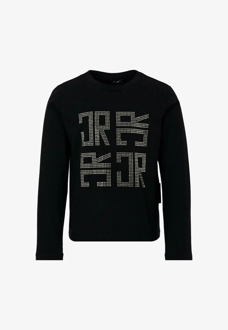 Czarna koszulka z długim rękawem wykonana z bawełny, z nakładaną grafiką z tekstem "JR" w różnych czcionkach i rozmiarach na przodzie.