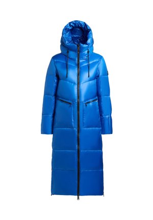Lang blauwe pufferjas met een capuchon, met een glanzende textuur, horizontaal gequilt patroon, ritssluiting aan de voorkant en twee met rits afgesloten zakken.
