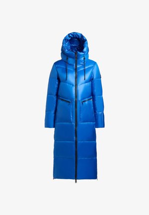 Lang blauwe pufferjas met een capuchon, met een glanzende textuur, horizontaal gequilt patroon, ritssluiting aan de voorkant en twee met rits afgesloten zakken.