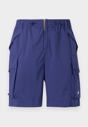 Navy blue cargo shorts made of lightweight fabric, featuring an elastic waistband, multiple side pockets, and a smooth, textured finish.