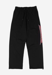 Pantalones de chándal negros de algodón con una cinturilla elástica y cordón. Cuenta con bolsillos laterales y un gran gráfico rojo en la pierna izquierda.