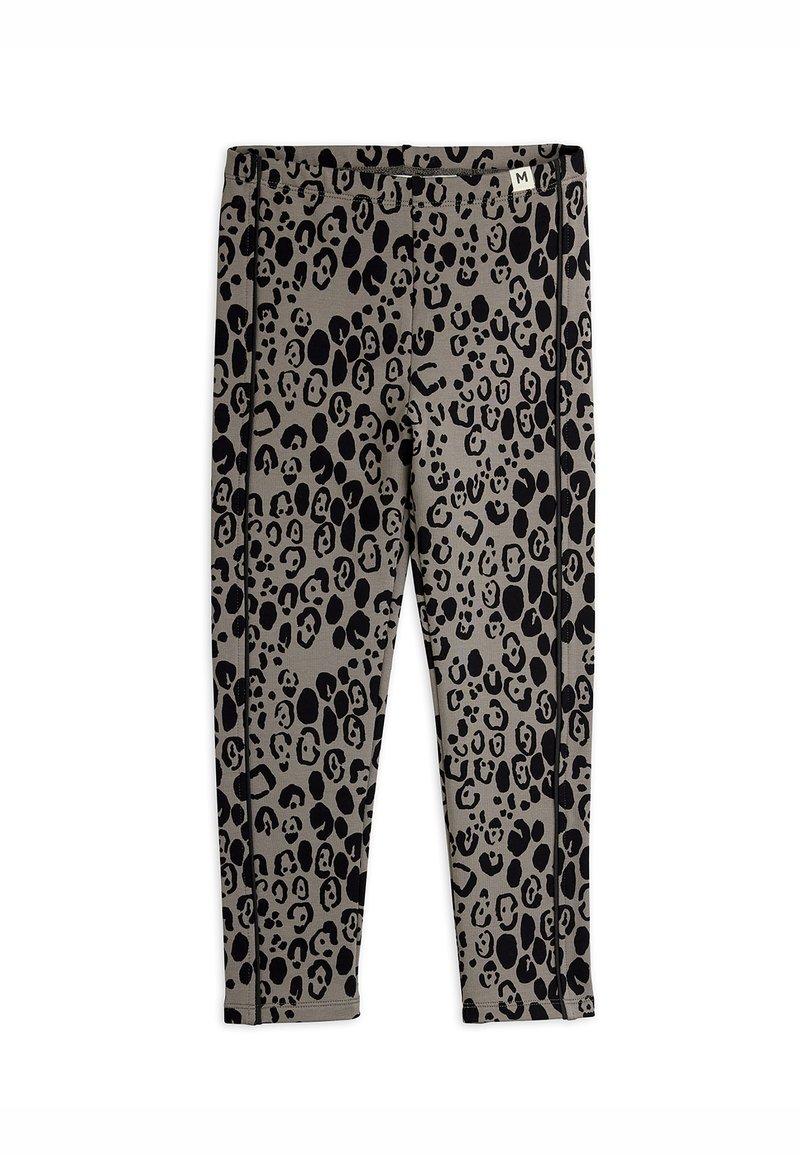 Tyttöjen slimfit-legginssit mustalla leopardikuviolla harmaalla kankaalla, vyötärönauhan keskikoon etiketti.
