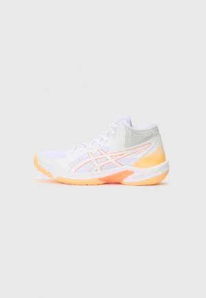 White athletic shoe with mesh and synthetic accents, featuring orange highlights, a high-top design, and textured materials on the sides.