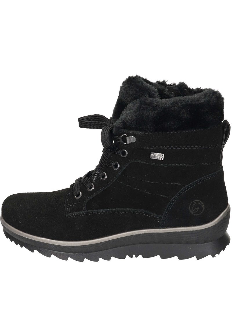 Botas de tobillo de ante negro con un puño de pelo sintético, diseño con cordones, suela resistente y acentos metálicos para durabilidad y tracción.