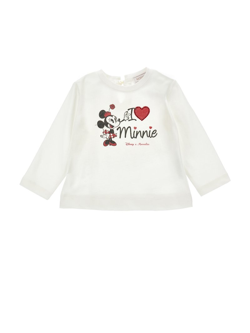 Fehér, hosszú ujjú póló, amely Mickey Mouse grafikával és "I ❤️ Minnie" felirattal rendelkezik fekete és vörös színben. Puha anyagú, kerek nyakú.