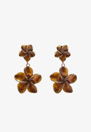 Orecchini con fiori in resina marrone, caratterizzati da un grande design floreale e un piccolo connettore a forma di fiore nella parte superiore. Superficie liscia e finitura lucida.
