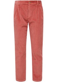 Pantalon en velours côtelé rose corail avec devant plissé, poches latérales, passants pour ceinture, fermeture par bouton et jambes droites.
