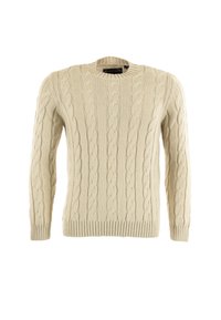 Maglione a trecce color crema con maniche lunghe e polsini, orlo e scollo a girocollo a coste.