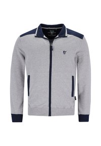 Grijze zip-up jas met marineblauwe accenten op de schouders en manchet, voorzien van een klein logo op de borst en zijzakken met ritssluiting. Zachte stoftextuur.