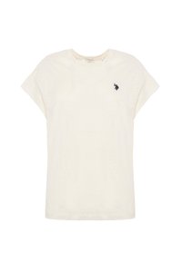 T-shirt color crema chiaro realizzato in tessuto morbido, caratterizzato da una vestibilità comoda, maniche corte e un piccolo logo navy sul lato sinistro del petto.