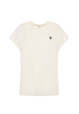 T-shirt color crema chiaro realizzato in tessuto morbido, caratterizzato da una vestibilità comoda, maniche corte e un piccolo logo navy sul lato sinistro del petto.