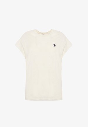 T-shirt color crema chiaro realizzato in tessuto morbido, caratterizzato da una vestibilità comoda, maniche corte e un piccolo logo navy sul lato sinistro del petto.