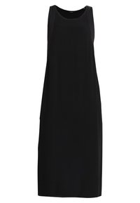Czarna sukienka bez rękawów o luźnym kroju, wykonana z gładkiego materiału. Posiada okrągły dekolt i sięga do połowy łydki.