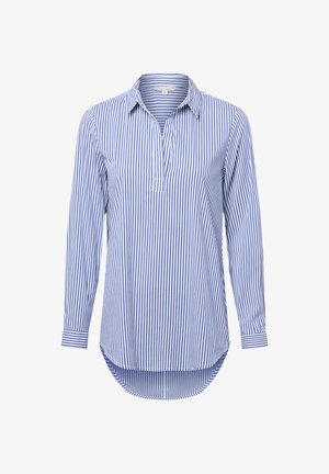 Camicia a maniche lunghe a righe blu e bianche, presenta un colletto, un listino con bottoni e un orlo curvo. Tessuto morbido con una texture liscia.