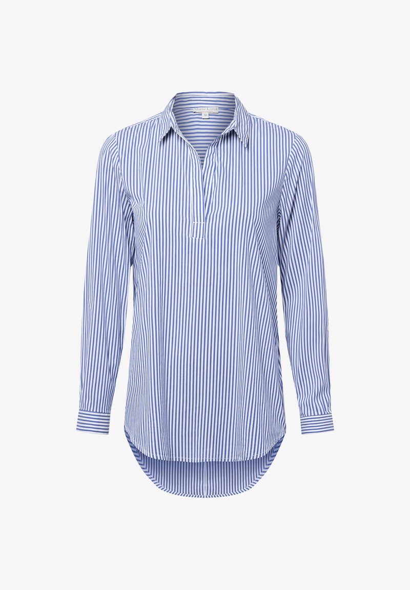 Dzianinowa koszula z długim rękawem w niebieskie i białe paski, posiada kołnierzyk, zapięcie na guziki oraz zaokrąglony dół. Miękka tkanina o gładkiej fakturze.