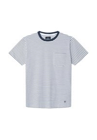 White cotton T-shirt with navy horizontal stripes, round neckline, short sleeves, and a left chest pocket. Features a small logo at the bottom.