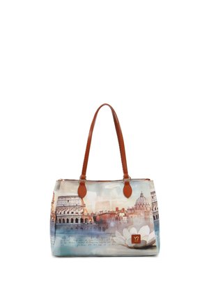Borsa con cinturini in pelle marrone con stampa in stile acquerello dei monumenti di Roma, tra cui il Colosseo e la Basilica di San Pietro, e un fiore di loto.