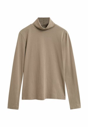 Maglione a maniche lunghe color beige con collo alto, realizzato in un tessuto morbido, esposto disteso con il colletto piegato e dettagli semplici dell'orlo.