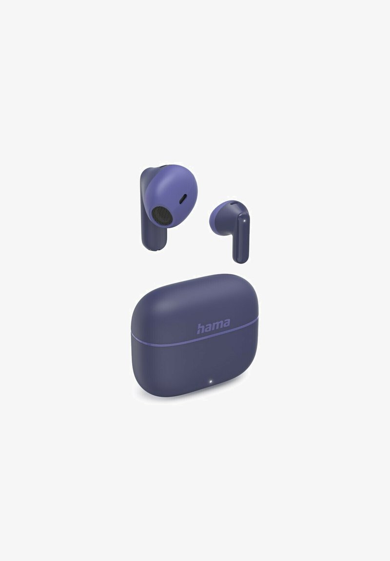 Purple wireless earbuds with a compact charging case. The earbuds feature a smooth matte finish and angled design, with visible speaker grilles.