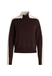 Maglione a collo alto di colore marrone scuro con colletto a coste crema, pannelli sulle spalle e strisce lungo le maniche.