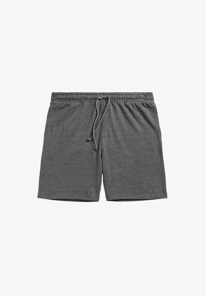 Szare bawełniane szorty sportowe z elastycznym pasem i sznurkiem. Gładka tekstura, do kolan, bez kieszeni.
