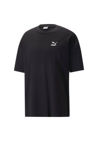 Sort bomulds t-shirt med korte ærmer, rund halsudskæring og et hvidt Puma-logo på brystet. Enkelt og udekoreret design.