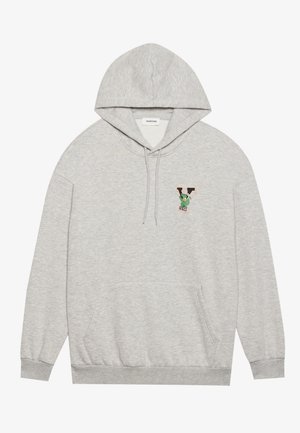 Gray cotton hoodie with a front kangaroo pocket, adjustable drawstring hood, and a green and black logo patch on the left chest.