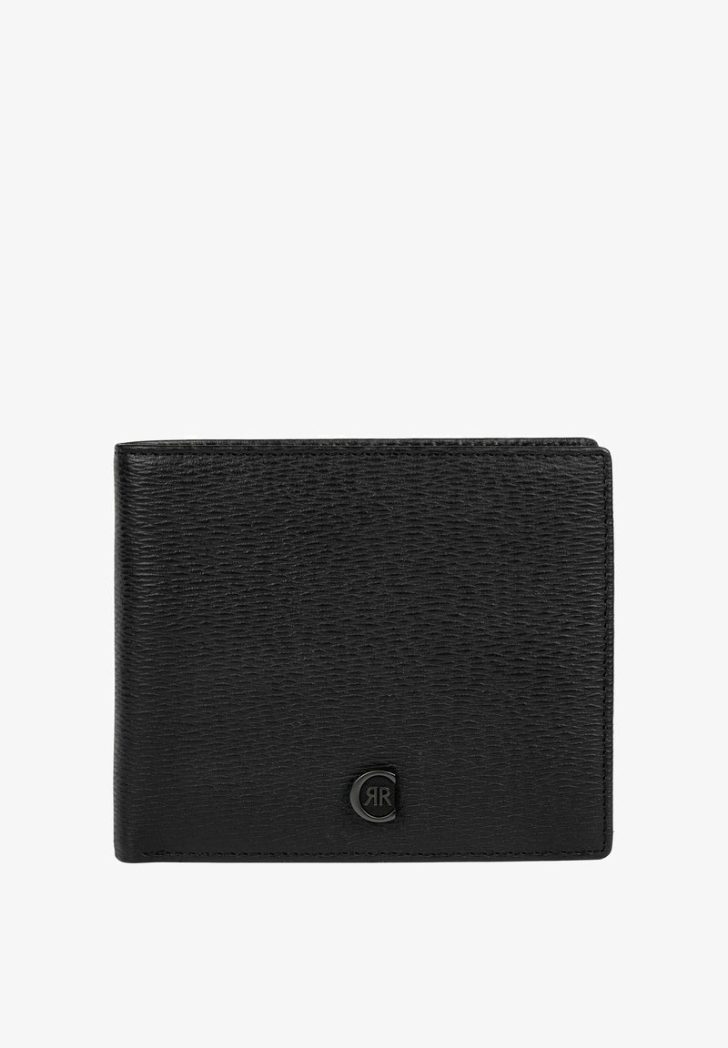 Cartera bifold de cuero negro texturizado con pequeño emblema metálico redondo con logo en la esquina inferior derecha del frente.