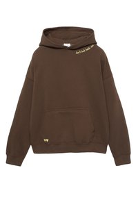 Hnedá mikina s kapucňou a predným vreckom, oversized strih, kapucňa so šnúrkou a žltý text "nezap نگاه zurück" na hrudi. Žlté srdcové akcenty.