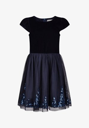 Vestito blu scuro per ragazze con maniche corte in velluto e sovrapposizione di gonna in tulle con paillettes, chiusura con cerniera sulla schiena.