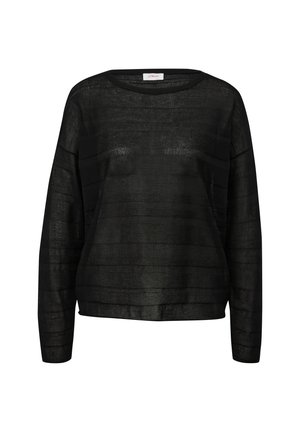 Pull noir à manches longues avec une coupe décontractée. Fabriqué en tissu léger et texturé présentant des rayures horizontales. Col rond et design simple.