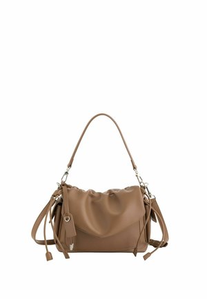 Bolso marrón suave con parte superior fruncida, correa de hombro ajustable y herrajes plateados, mostrado sobre un fondo blanco.