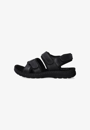 Schwarze Leder-Sandalen für Männer mit zwei verstellbaren Klettverschlüssen, einer robusten Gummisohle und einem offenen Design für Atmungsaktivität.