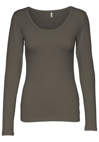Long-sleeve shirt in dark olive green, made of smooth, stretchy material with a rounded neckline and minimal seam detailing.