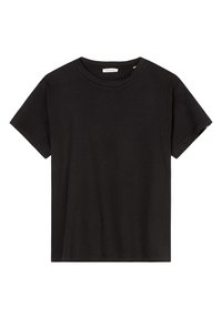 Camiseta negra de manga corta y cuello redondo con dobladillo recto y una pequeña etiqueta blanca en el interior del cuello.