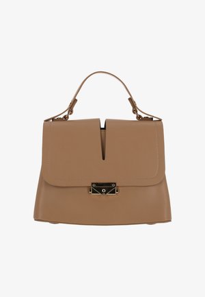 Borsa a mano in pelle beige con una forma strutturata, doppi scomparti e una chiusura in metallo dorato sul davanti. Dotata di manico superiore e tracolla.