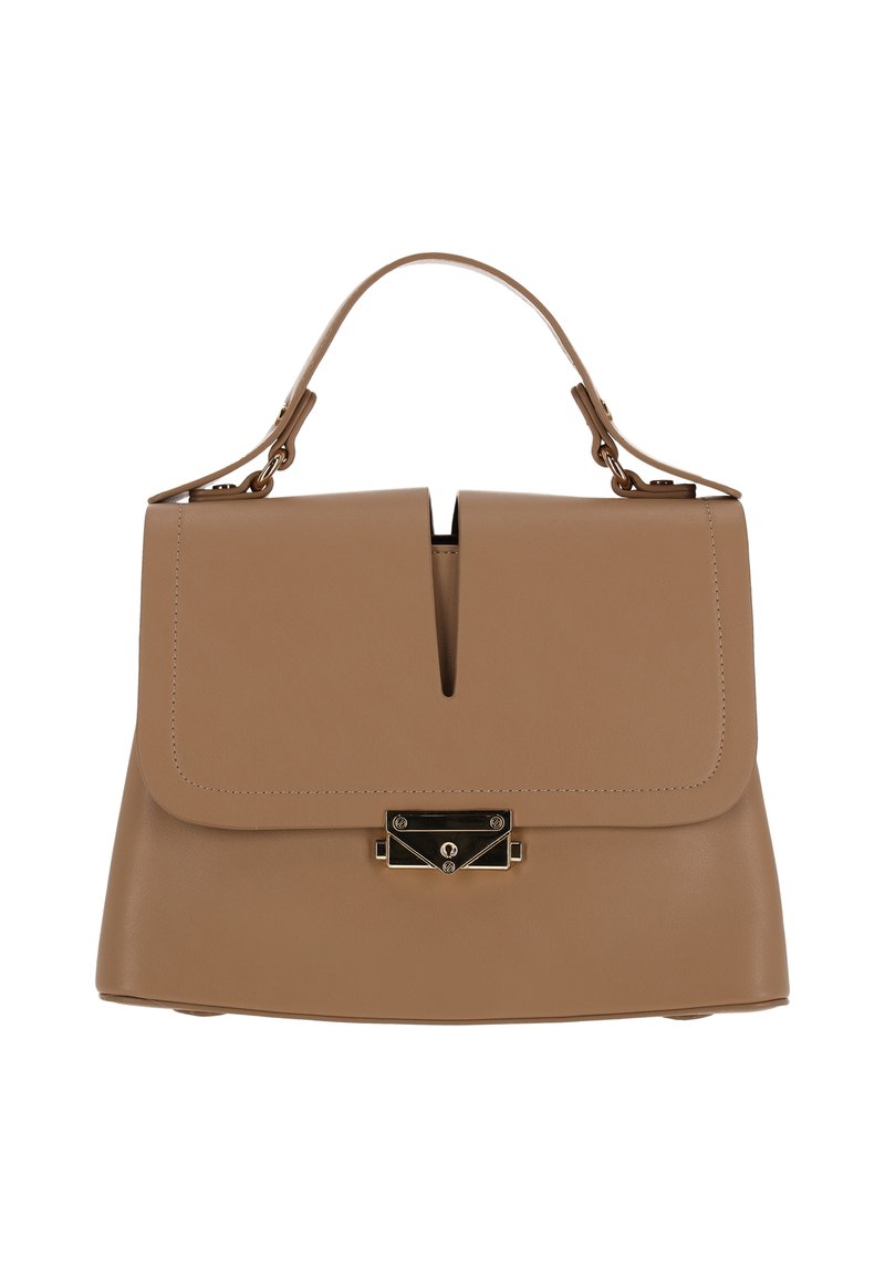 Beige läderhandväska med strukturerad form, två fack och ett guldfärgat lås fram. Har ett handtag upptill och en axelrem.