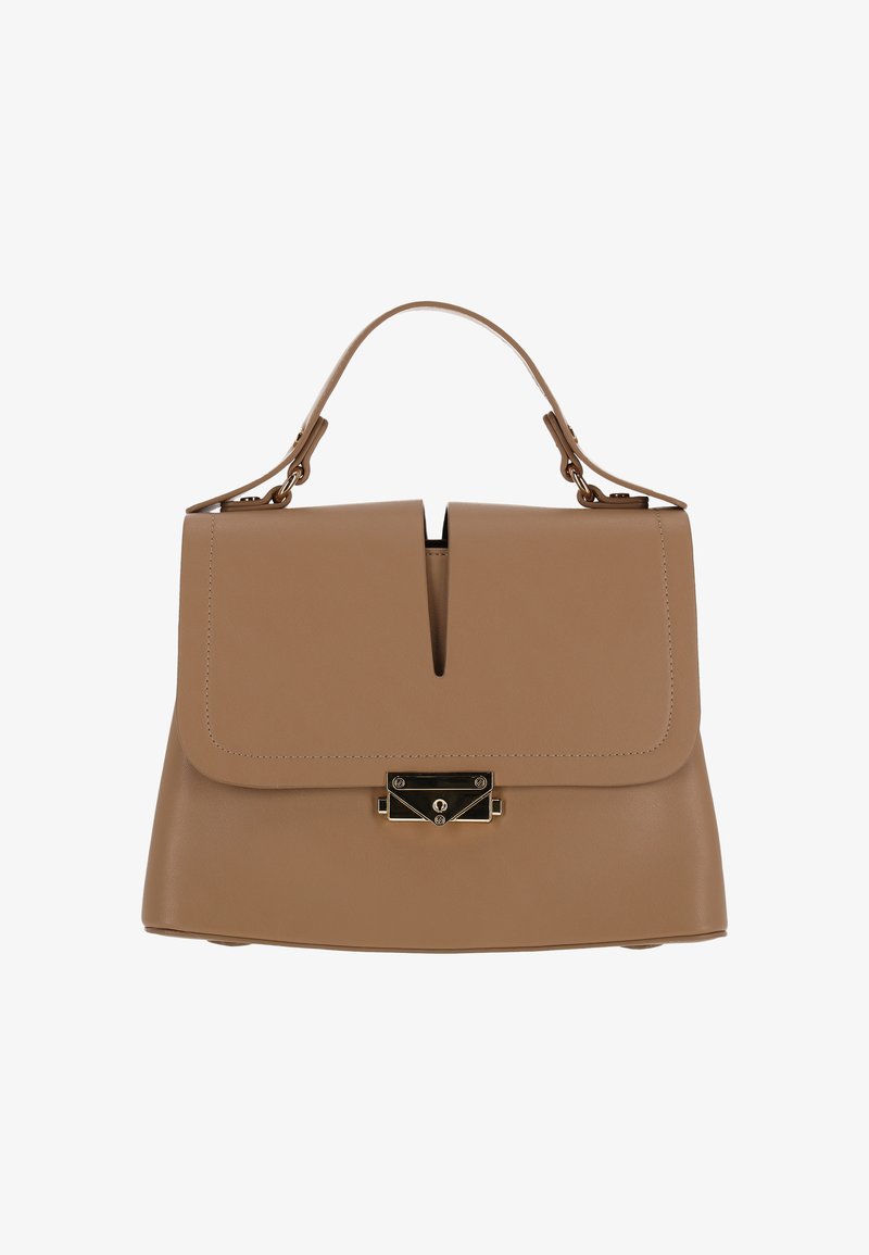 Beige läderhandväska med strukturerad form, två fack och ett guldfärgat lås fram. Har ett handtag upptill och en axelrem.