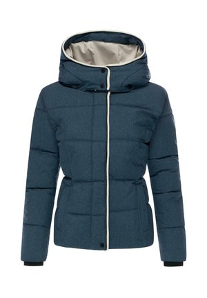 Giubbotto imbottito in tessuto blu scuro con accenti crema, cappuccio rimovibile, chiusura con zip e polsini elasticizzati, caratterizzato da una texture trapuntata.