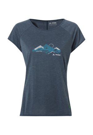 Donkerblauw outdoor T-shirt met korte mouwen, voorzien van een gestileerde bergafbeelding en het Vaude-logo op de borst.