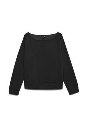 Sweat-shirt noir à manches longues avec un grand décolleté, épaules tombantes et poignets côtelés. Texture lisse et douce avec une ceinture ajustée.