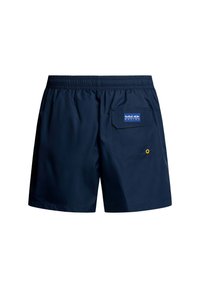 Morsko modri kopalni šorti z elastičnim pasom, s hrbtnim žepom in majhnim logotipom. Gladka tekstura in kroj do kolen.