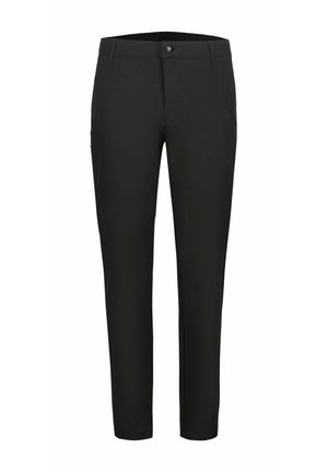 Black straight-leg trousers with belt loops, front button, and zip closure on a white background.