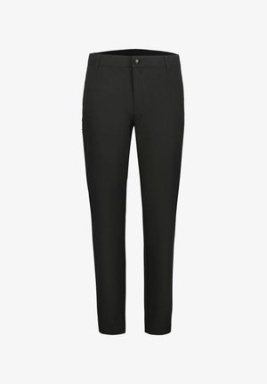 Black straight-leg trousers with belt loops, front button, and zip closure on a white background.