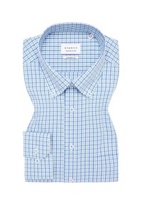 Camicia da uomo in fantasia a quadri blu e verde. Materiale in cotone, vestibilità comoda, colletto classico, polsini con bottoni e etichetta del marchio all'interno del colletto.