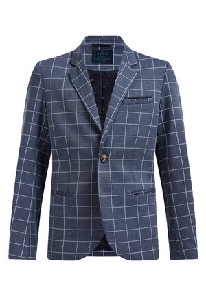 Blazer bleu marine avec motif à carreaux blancs, un bouton marron, revers à crans et trois poches extérieures.