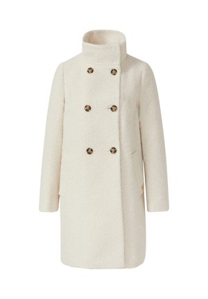 Manteau en laine texturée couleur crème avec un col haut et trois rangées de boutons doubles en écaille de tortue, manches longues et poches latérales.