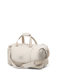 Hellbeige Sporttasche aus Stoff mit zwei Griffen, verstellbarem Schulterriemen und einer kleinen Fronttasche. Mit Reißverschluss und Logodetail.